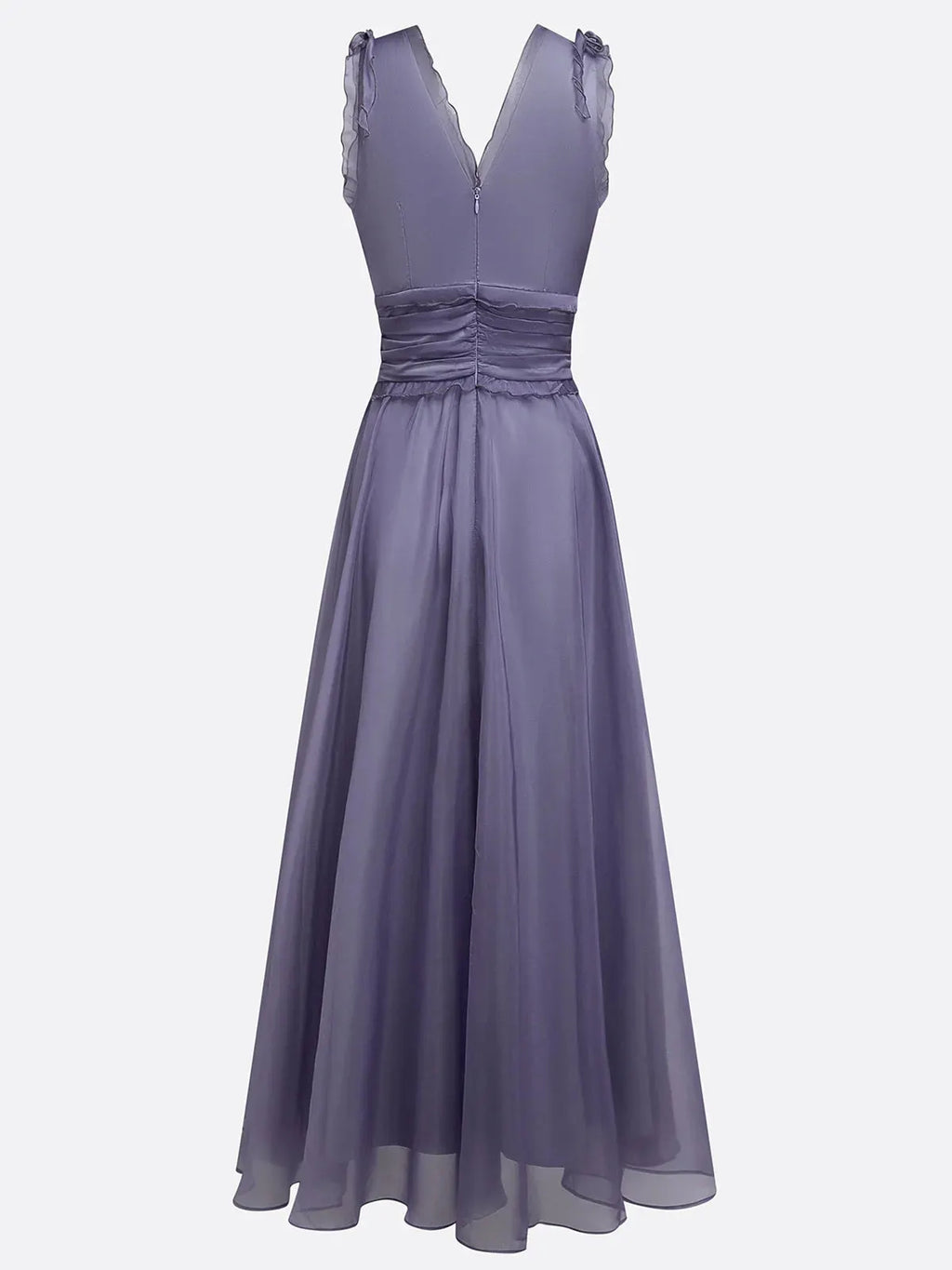Deep Purple Ruffled Chiffon V Neck Sleeveless A-Line Gown Dress