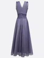 Deep Purple Ruffled Chiffon V Neck Sleeveless A-Line Gown Dress