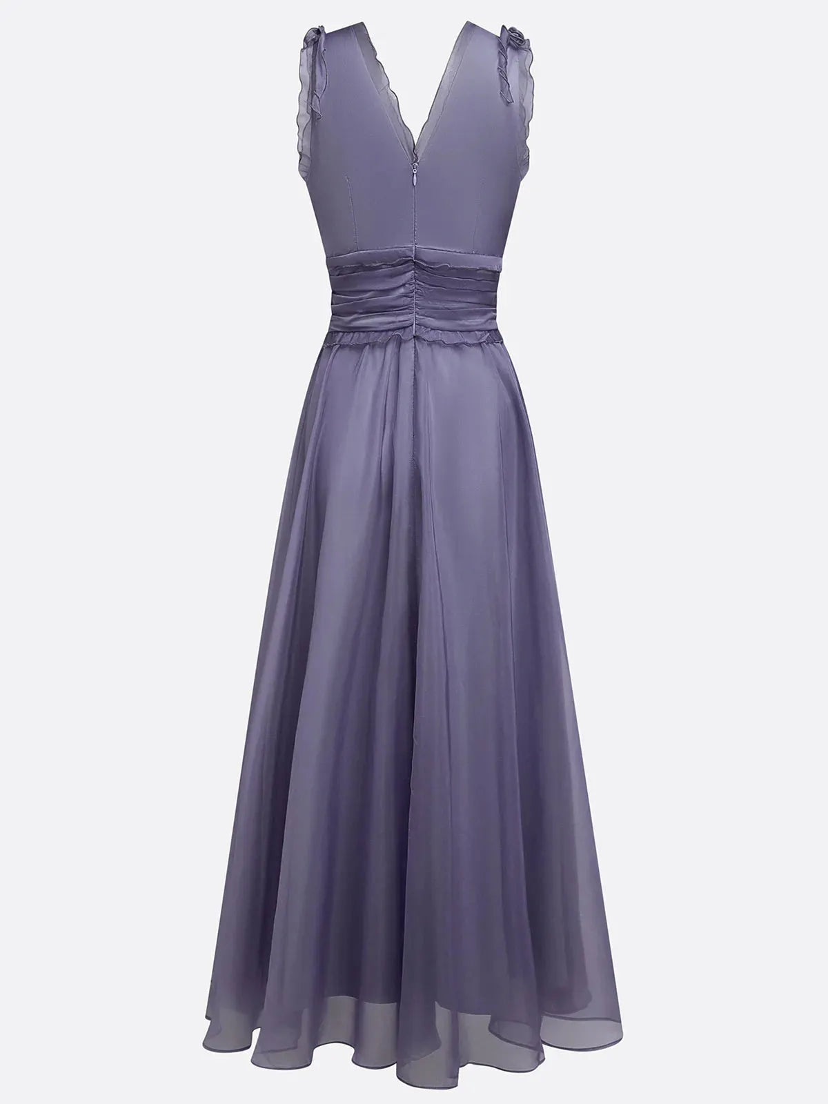 Deep Purple Ruffled Chiffon V Neck Sleeveless A-Line Gown Dress