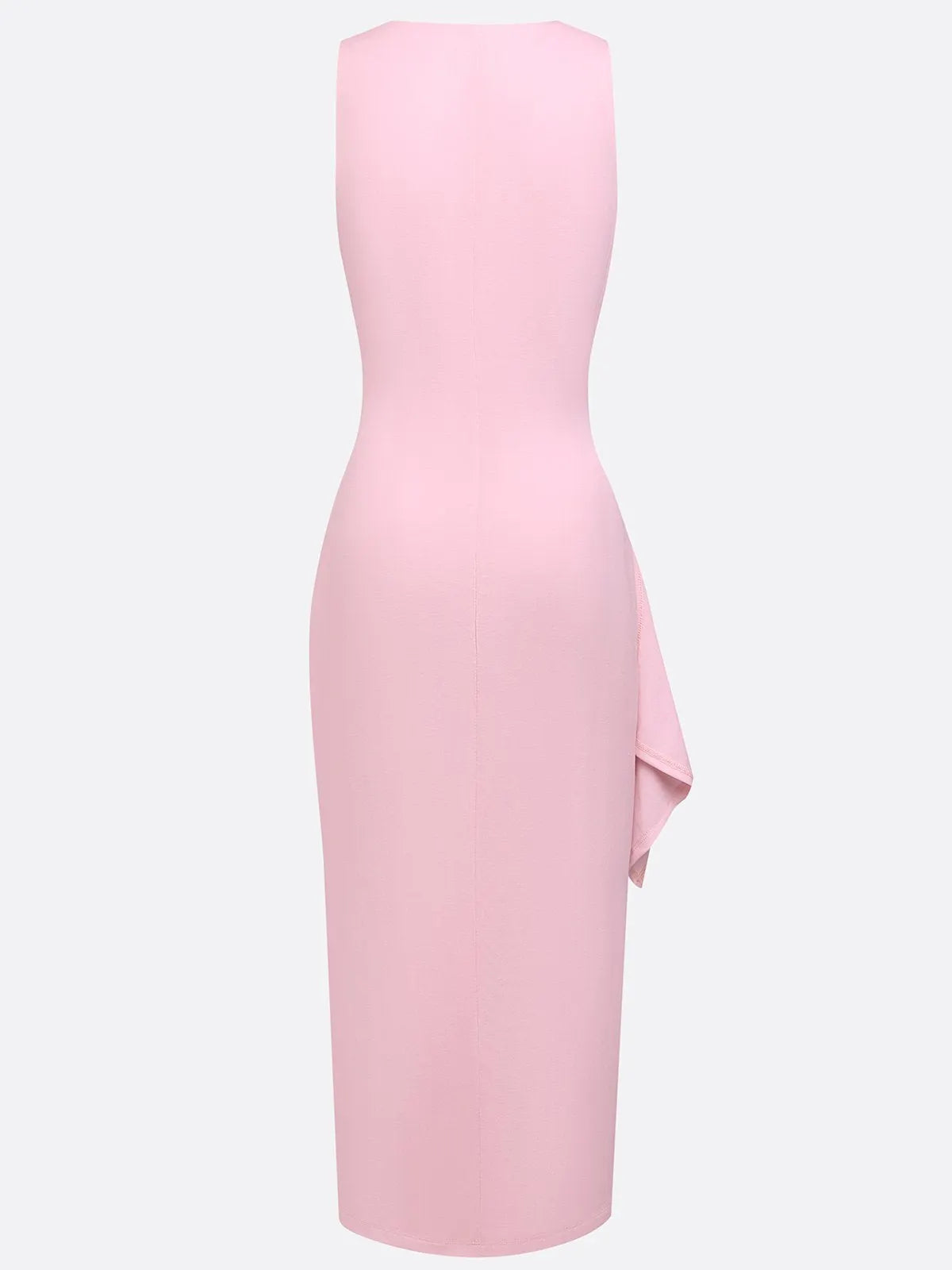 Pink Ruched Peplum Knit Lyocell Deep V Neck Sleeveless Bodycon Midi Dress