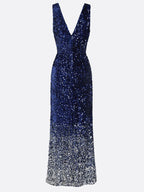 Navy Blue Ombre Sequin Deep V Neck Sleeveless Sheath Maxi Dress