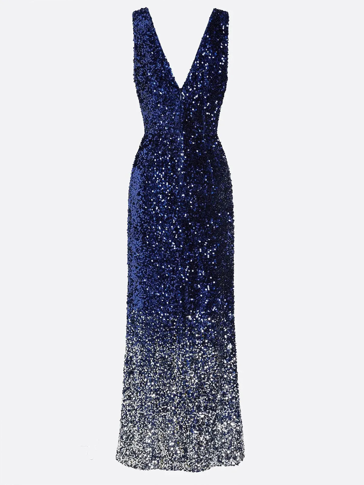 Navy Blue Ombre Sequin Deep V Neck Sleeveless Sheath Maxi Dress