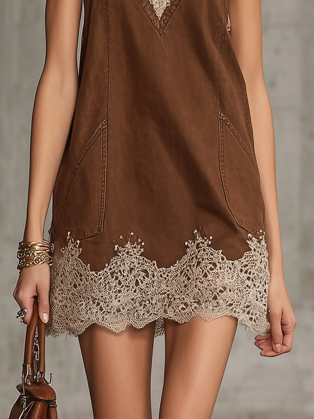 Brown V-Neck Mini Dress With Lace Trim And Pockets