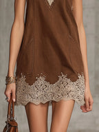 Brown V-Neck Mini Dress With Lace Trim And Pockets