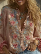 Women's Rose Floral Embroidered Casual Shirt