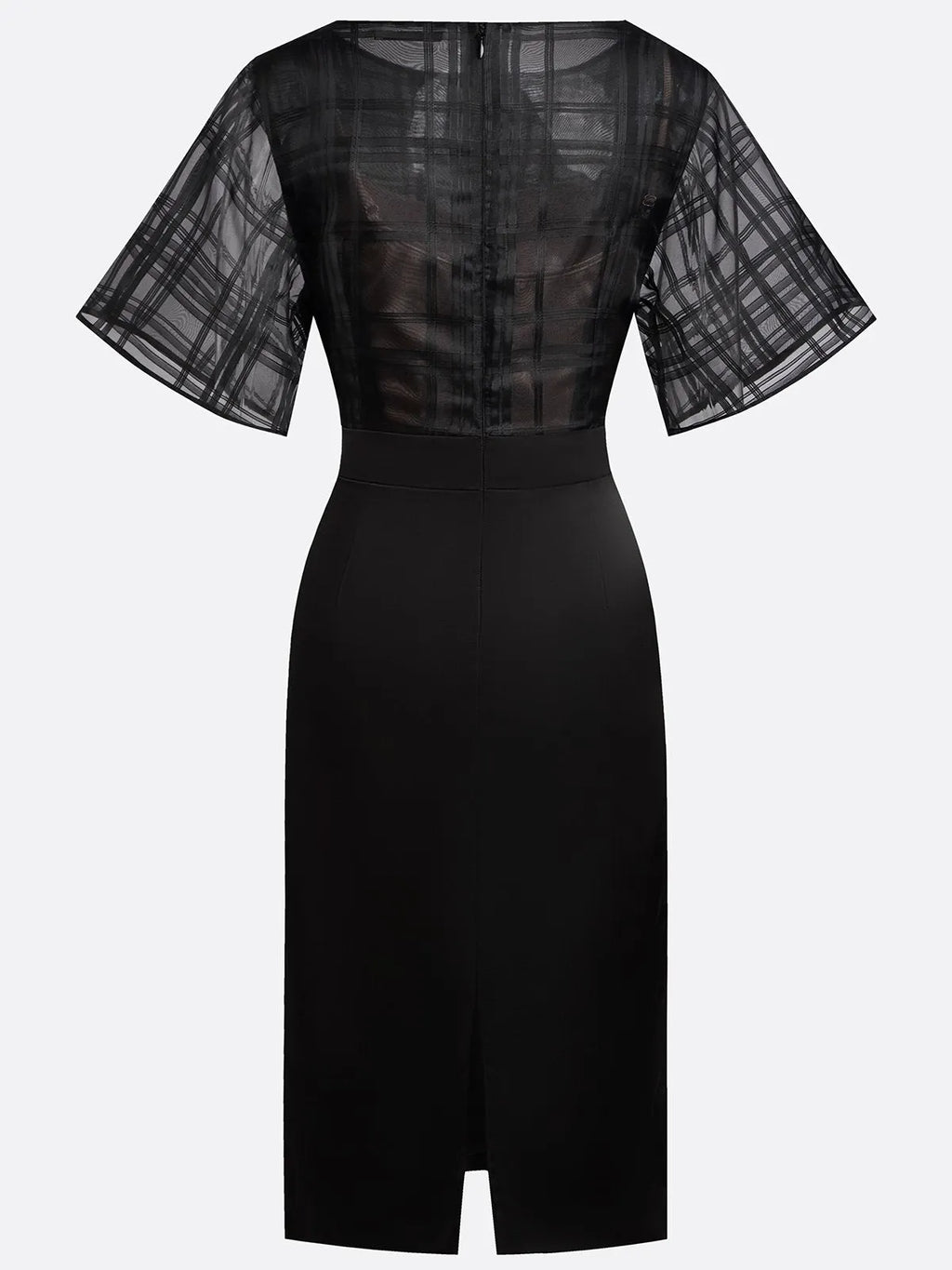 Black Organza Plaid Classic Boat Neck Half Sleeve Dolman Sleeve Sheath Midi Dress