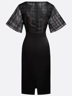 Black Organza Plaid Classic Boat Neck Half Sleeve Dolman Sleeve Sheath Midi Dress