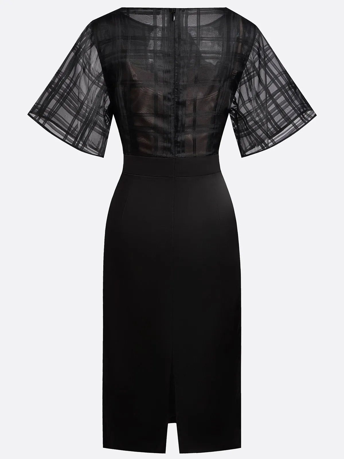 Black Organza Plaid Classic Boat Neck Half Sleeve Dolman Sleeve Sheath Midi Dress