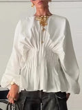Ruched Waist Satin Long Sleeve Blouse