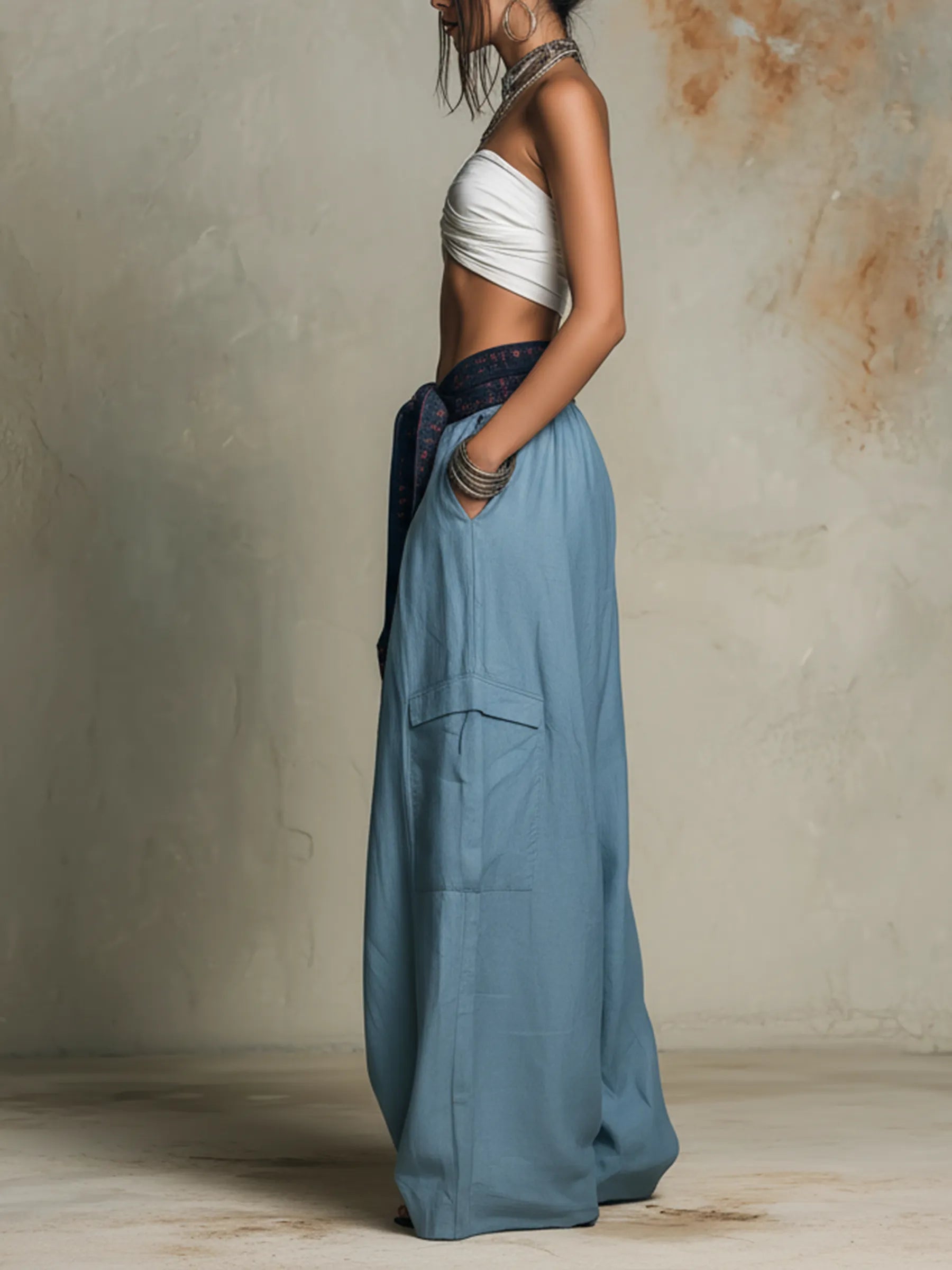 Dusty Blue Patchwork Waist Oversized Wide-Leg Cargo Pants