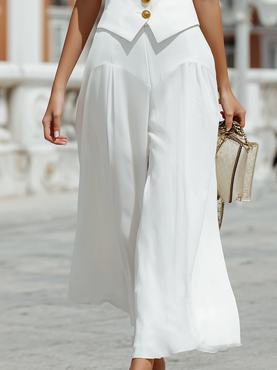 Elegant  V-Neck Gold Button Vest & Flowy Wide Leg Pants Two-Piece Set