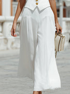 Elegant  V-Neck Gold Button Vest & Flowy Wide Leg Pants Two-Piece Set