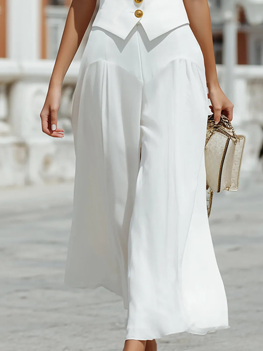 Elegant  V-Neck Gold Button Vest & Flowy Wide Leg Pants Two-Piece Set