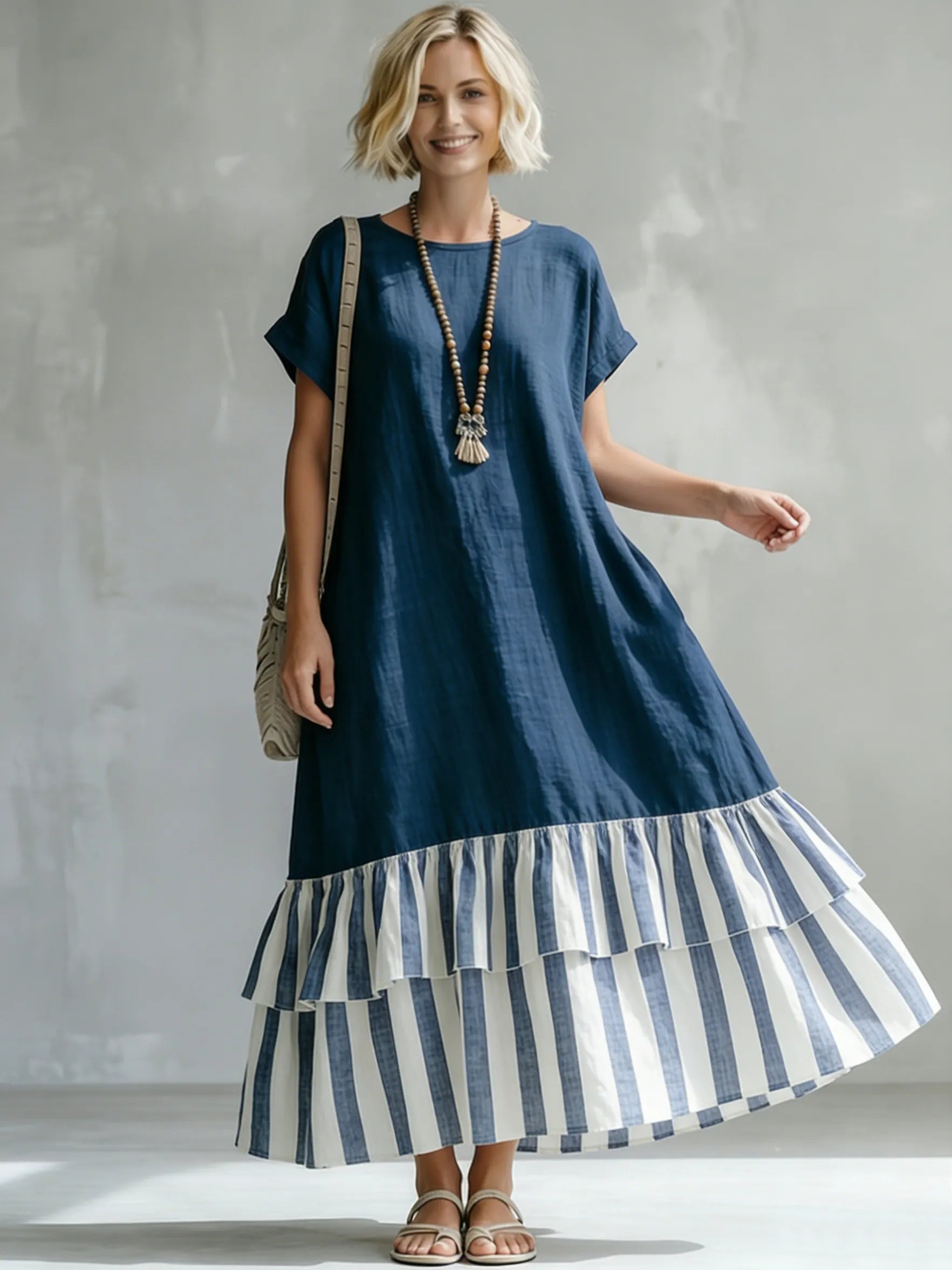 Cozy Striped Patchwork Ruffled Loose Cotton-linen Maxi Dress