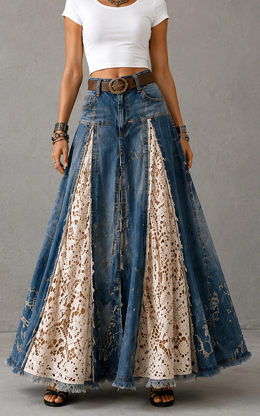 Vintage Denim Crochet Lace Panel Maxi Skirt