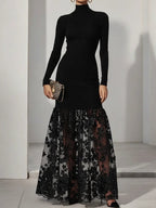 Black Mesh Floral Knit Mock Neck Long Sleeve A-Line Maxi Dress