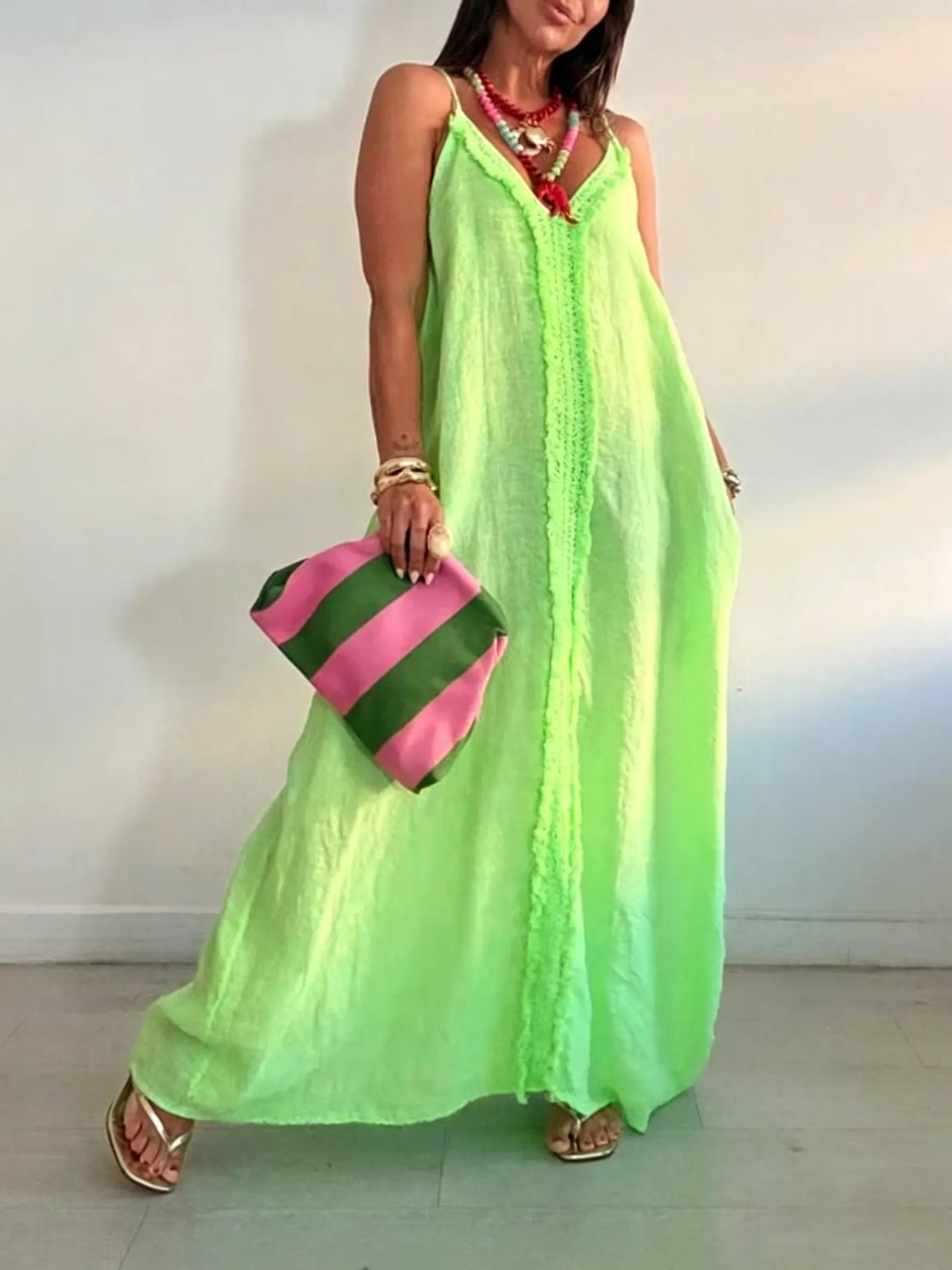 Linen Spaghetti Strap Boho Maxi Dress