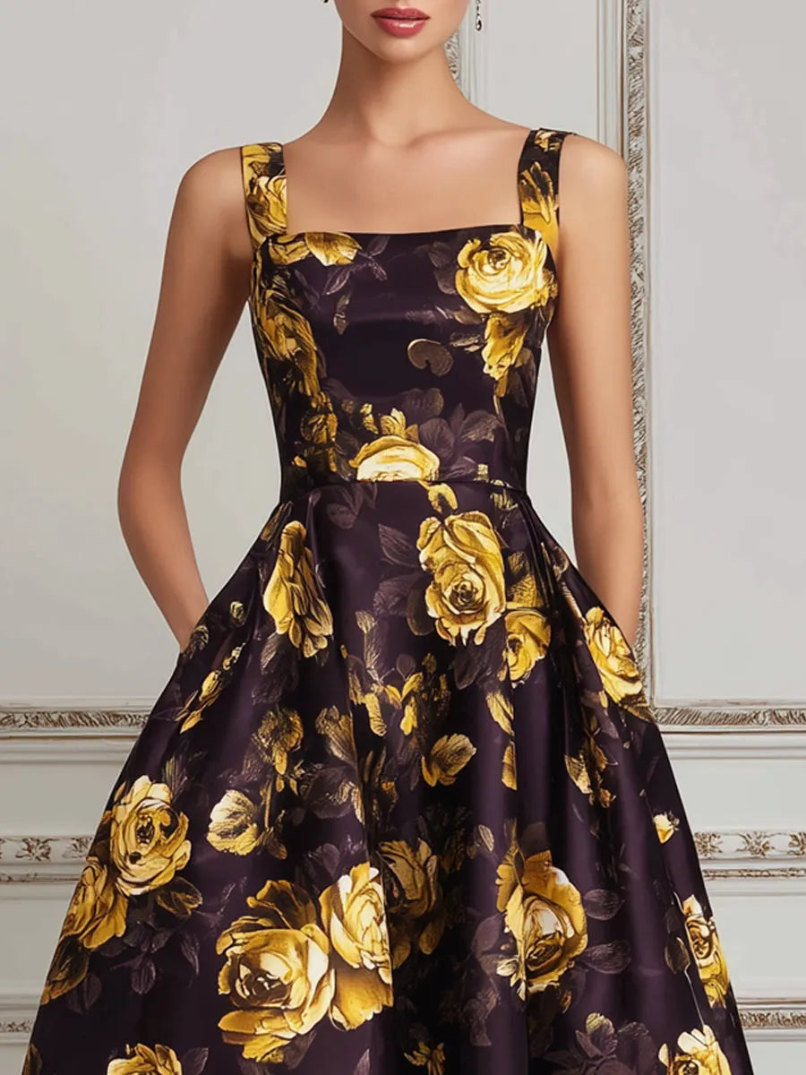 Dark Purple & Gold Rose Print A-Line Midi Dress