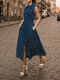 Midi Cotton Dress , Sleeveless, Shawl Collar, Polka Dots, Button Design, French Vintage, Purplish Blue