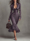 Dusty Mauve Lace-Trim Ruched Midi Dress