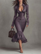 Dusty Mauve Lace-Trim Ruched Midi Dress
