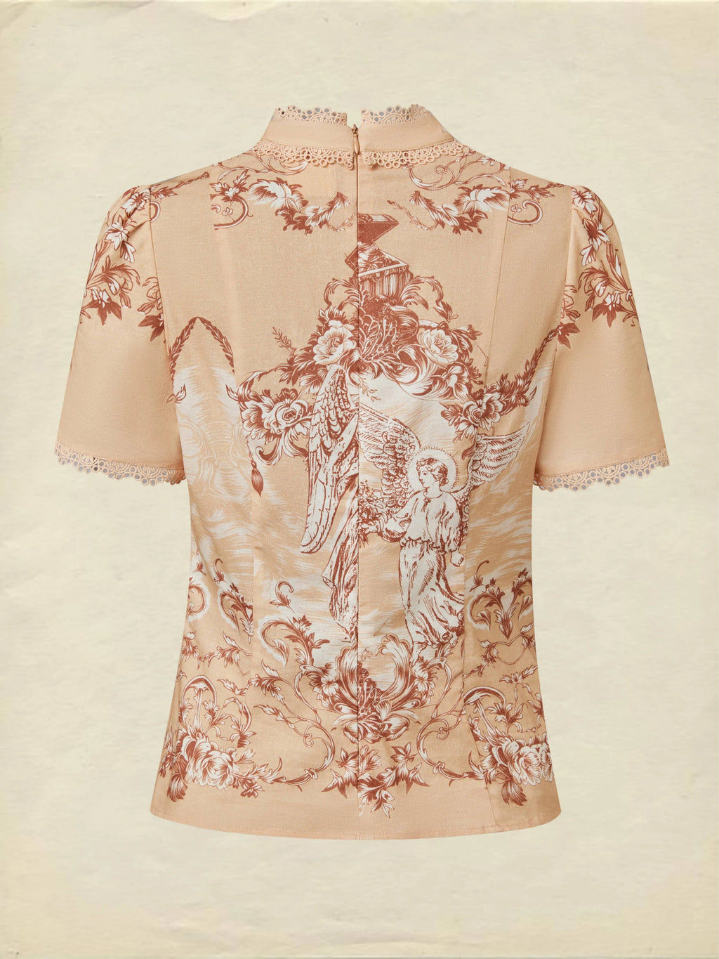 Cotton Shirt, Short Sleeves, Stand Collar, Angel, Lace, Vintage, Caramel