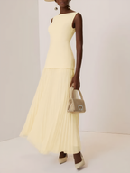 Off White Pleated Classic Boat Neck Sleeveless A-Line Floor-length Gown Dress