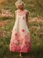 Cozy Pink Floral Embroidered Gradient Linen Tank Maxi Dress