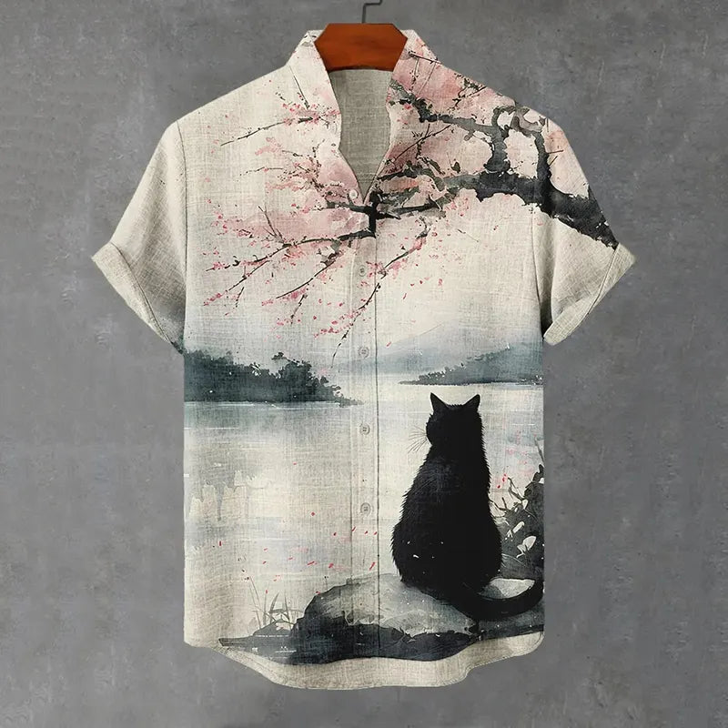 Men's Cherry Blossom Black Cat Japanese Style Print Short Sleeve Shirt