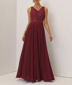 Blue Sequin Lace Chiffon V Neck Sleeveless A-Line Maxi Mother of the Bride or Groom Dress