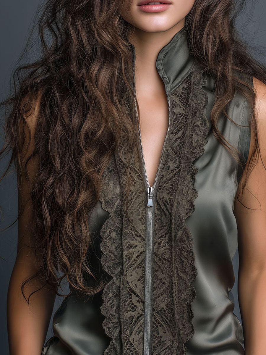 High Collar Olive Satin Lace Trim Sleeveless Blouse