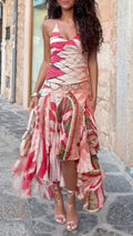 Boho Tribal Print High Low Fringe Maxi Dress
