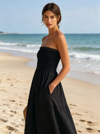 Black Cotton-Linen Blend Strapless Lace Trim Tiered Maxi Dress