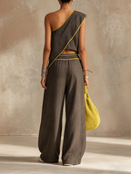 Asymmetrical One-Shoulder Linen-Blend Two-Piece Set