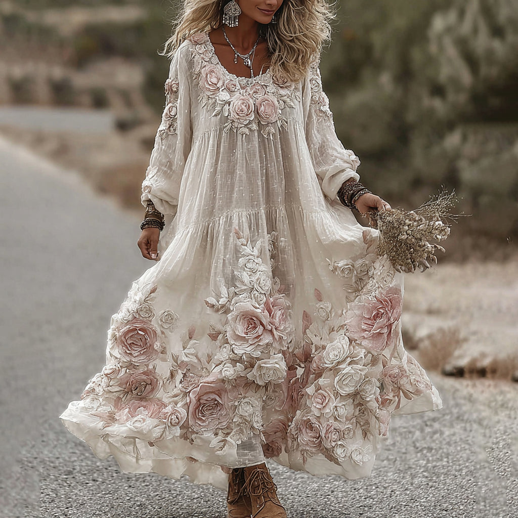 Women's Vintage Roses Art Print Flowy Linen Blend Casual Long Sleeve Maxi Dress