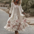 Women's Vintage Roses Art Print Flowy Linen Blend Casual Long Sleeve Maxi Dress