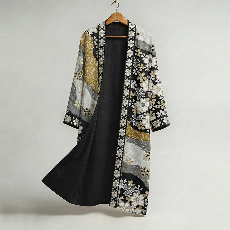 Men's Retro Floral Art Print Linen Long Kimono