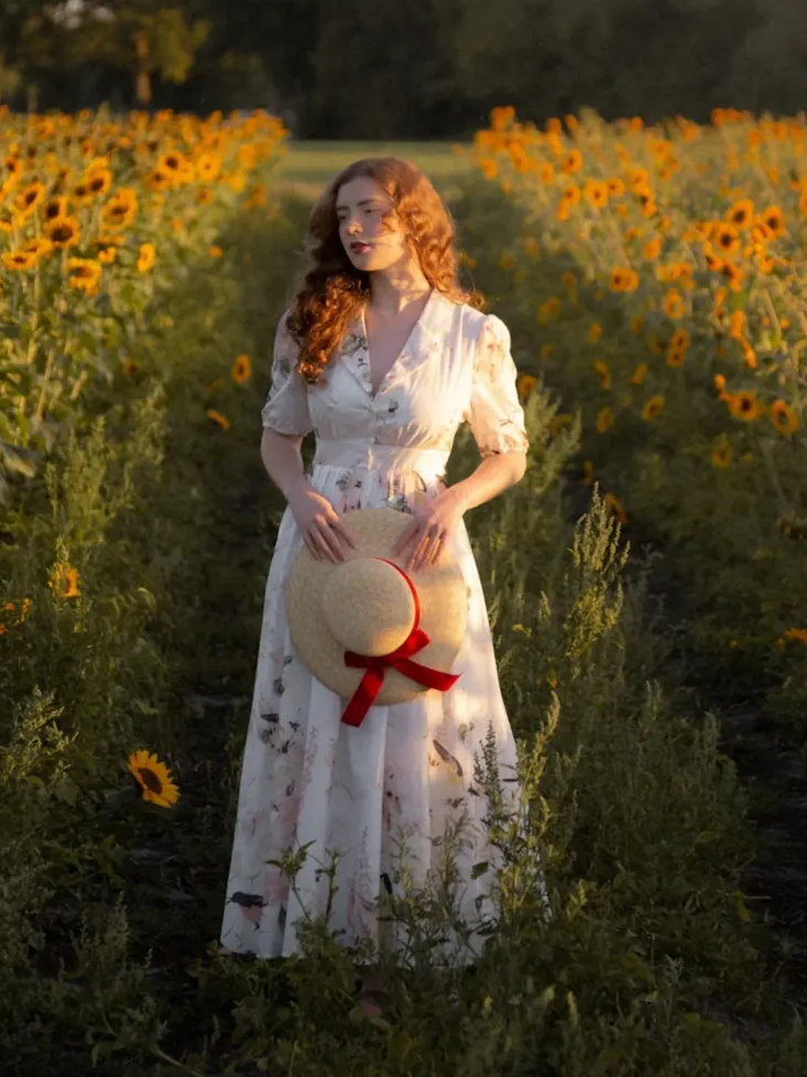 Linen Maxi Dress, Balloon Sleeve, Shawl Collar, Floral, Vintage, White