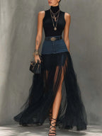 Black Denim Patchwork T-Shirt And Mesh Maxi Skirt Set With Side Slit
