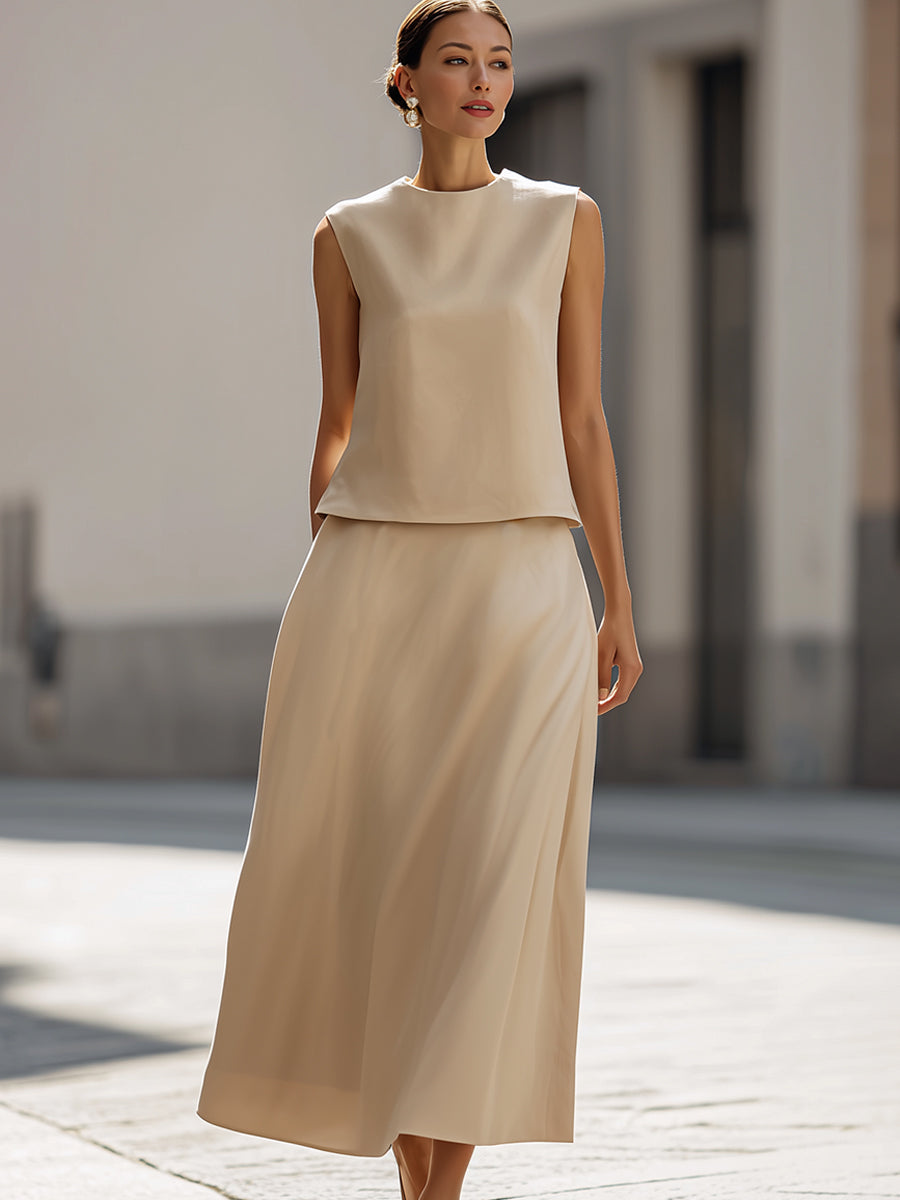Linen-Blend Sleeveless Top & Midi Skirt Two-Piece Set