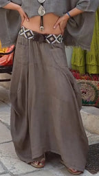 Beige Linen Layered Maxi Skirt