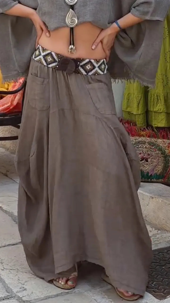 Beige Linen Layered Maxi Skirt