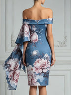 Blue Floral Print Off-Shoulder Satin Midi Dress