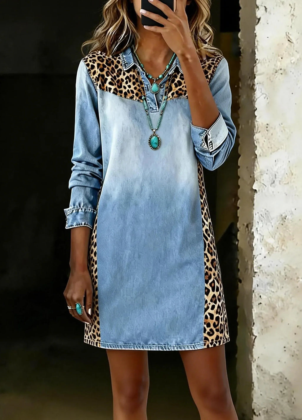 Women's Fashion Casual Denim Patchwork Leopard Print Dress