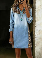 Women's Fashion Casual Denim Patchwork Leopard Print Dress