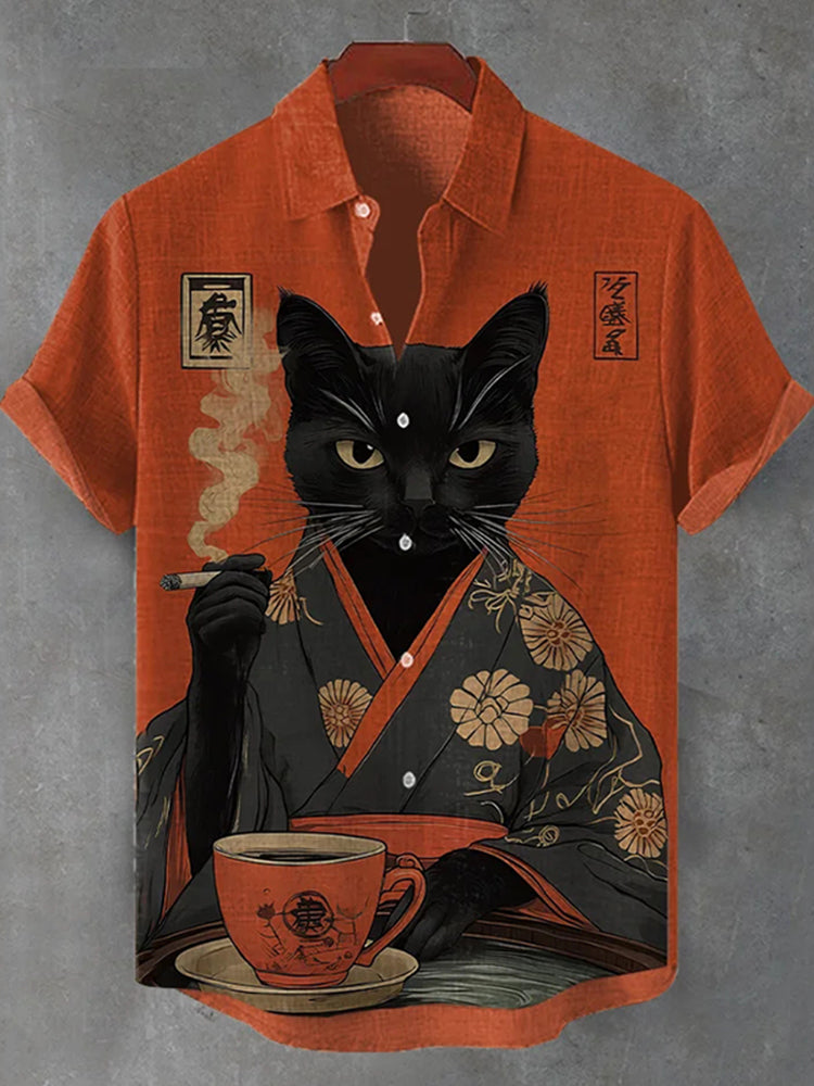 Men's Retro Black Cat Cigarette Japanese Illustration Print Short Sleeve Shirt