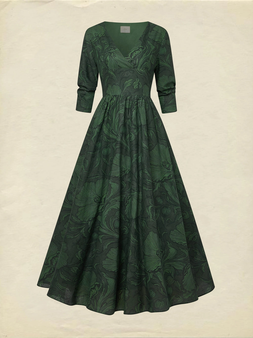 Maxi Linen Dress, Half Sleeve, V Neck, Floral, Vacation, Vintage, Deep Green