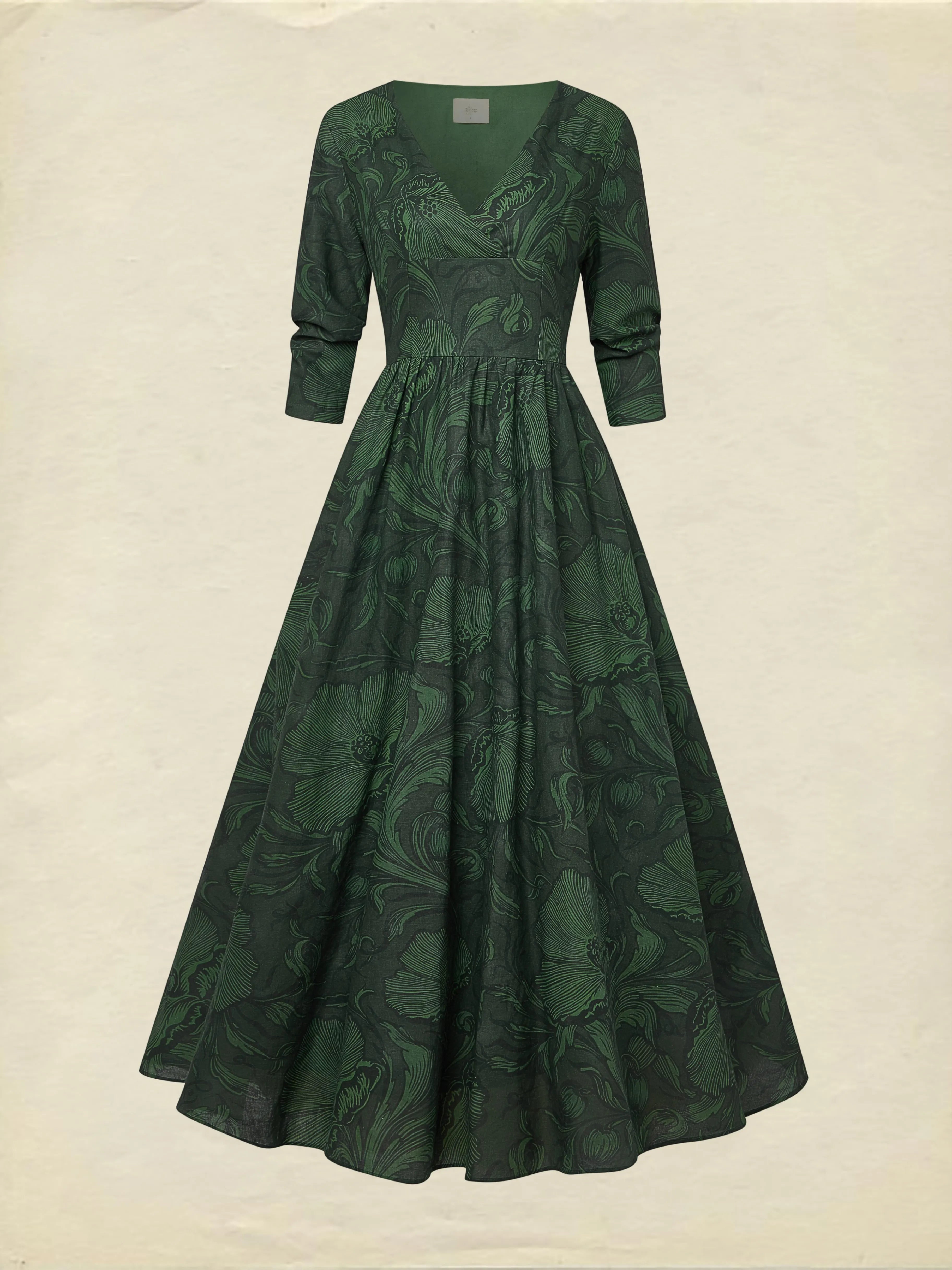 Maxi Linen Dress, Half Sleeve, V Neck, Floral, Vacation, Vintage, Deep Green