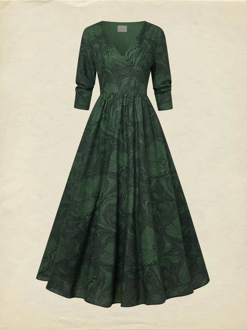 Maxi Linen Dress, Half Sleeve, V Neck, Floral, Vacation, Vintage, Deep Green