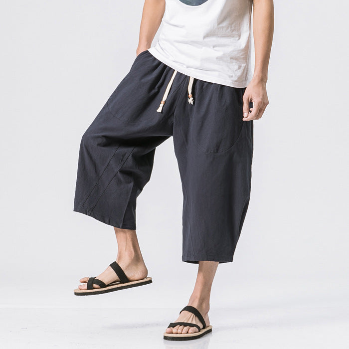 Men's Vintage Japanese Pocket Cotton Linen Casual Capri Pants